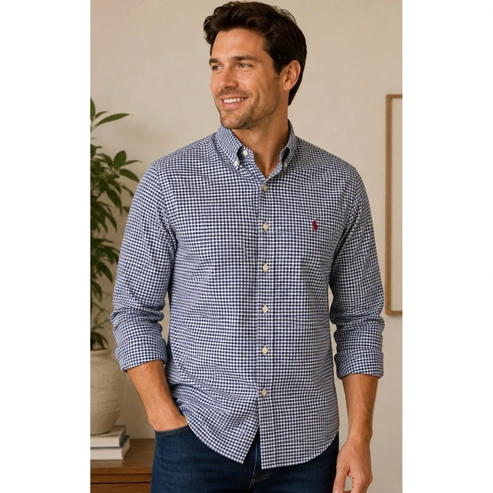Polo Ralph Lauren Mens XL Slim Fit Stretch Oxford Gingham Shirt Navy Blue White